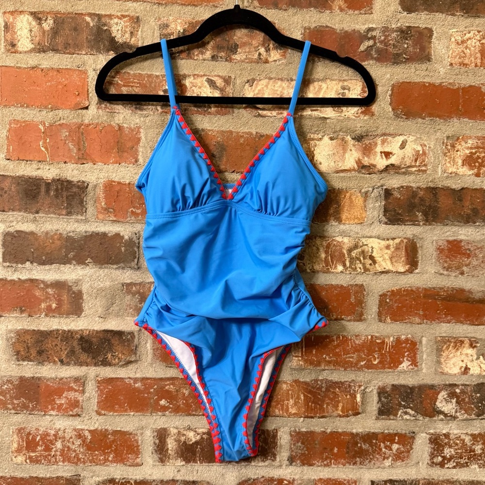 SHEIN Blue One Piece Swimsuit with Red Trim